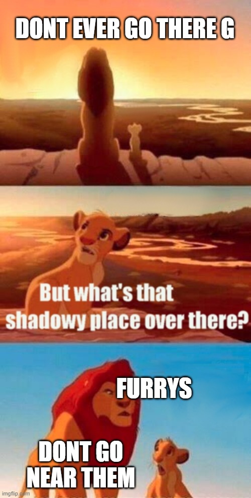 stay away | DONT EVER GO THERE G; FURRYS; DONT GO NEAR THEM | image tagged in memes,simba shadowy place | made w/ Imgflip meme maker