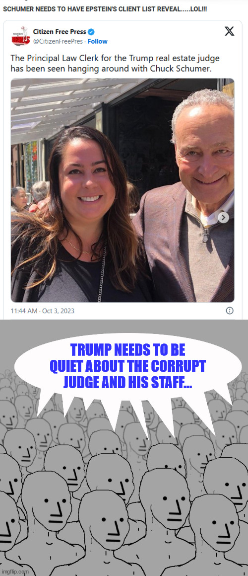 TRUMP NEEDS TO BE QUIET ABOUT THE CORRUPT JUDGE AND HIS STAFF... | image tagged in npc-crowd | made w/ Imgflip meme maker