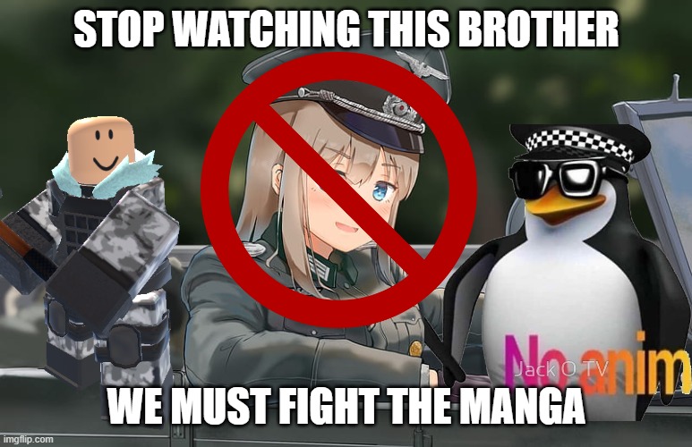 Military anime girl | STOP WATCHING THIS BROTHER; WE MUST FIGHT THE MANGA | image tagged in military anime girl | made w/ Imgflip meme maker