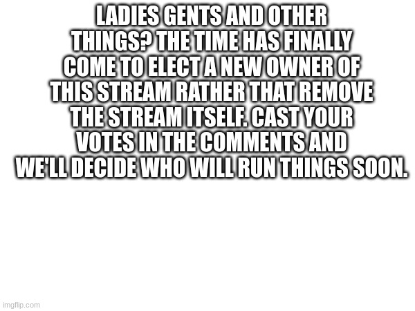 Here we go | LADIES GENTS AND OTHER THINGS? THE TIME HAS FINALLY COME TO ELECT A NEW OWNER OF THIS STREAM RATHER THAT REMOVE THE STREAM ITSELF. CAST YOUR VOTES IN THE COMMENTS AND WE'LL DECIDE WHO WILL RUN THINGS SOON. | image tagged in vote | made w/ Imgflip meme maker