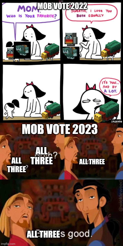All of them are so good this year | MOB VOTE 2022; MOB VOTE 2023; ALL THREE; ALL THREE; ALL THREE; ALL THREE | image tagged in mom who is your favorite | made w/ Imgflip meme maker
