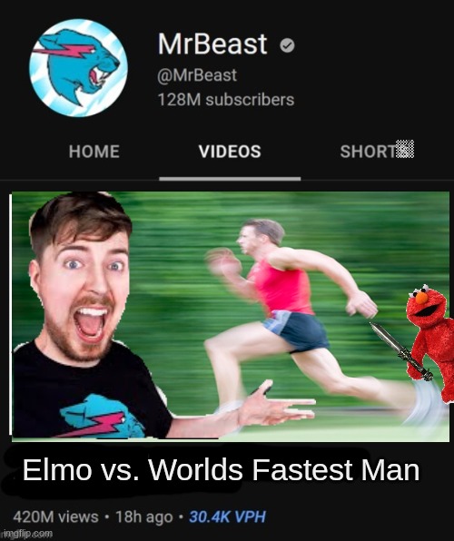 MrBeast thumbnail template | Elmo vs. Worlds Fastest Man | image tagged in mrbeast thumbnail template | made w/ Imgflip meme maker