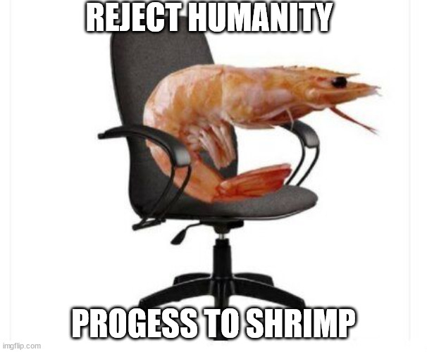 Shrimp | REJECT HUMANITY; PROGESS TO SHRIMP | image tagged in shrimp,progress | made w/ Imgflip meme maker