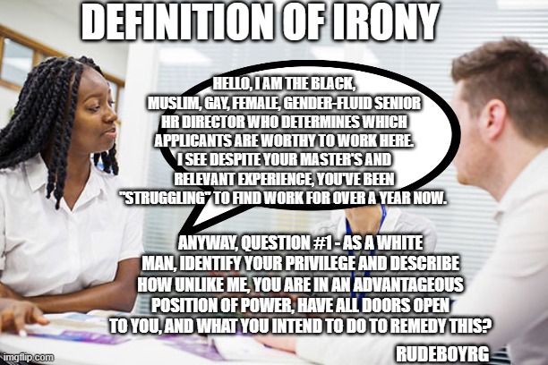 Definition of Irony - White Privilege Job Interview | DEFINITION OF IRONY; HELLO, I AM THE BLACK, MUSLIM, GAY, FEMALE, GENDER-FLUID SENIOR HR DIRECTOR WHO DETERMINES WHICH APPLICANTS ARE WORTHY TO WORK HERE. I SEE DESPITE YOUR MASTER'S AND RELEVANT EXPERIENCE, YOU'VE BEEN "STRUGGLING" TO FIND WORK FOR OVER A YEAR NOW. ANYWAY, QUESTION #1 - AS A WHITE MAN, IDENTIFY YOUR PRIVILEGE AND DESCRIBE HOW UNLIKE ME, YOU ARE IN AN ADVANTAGEOUS POSITION OF POWER, HAVE ALL DOORS OPEN TO YOU, AND WHAT YOU INTEND TO DO TO REMEDY THIS? RUDEBOYRG | image tagged in irony,definition of irony,white privilege,job interview,centrist politics,anti-woke | made w/ Imgflip meme maker