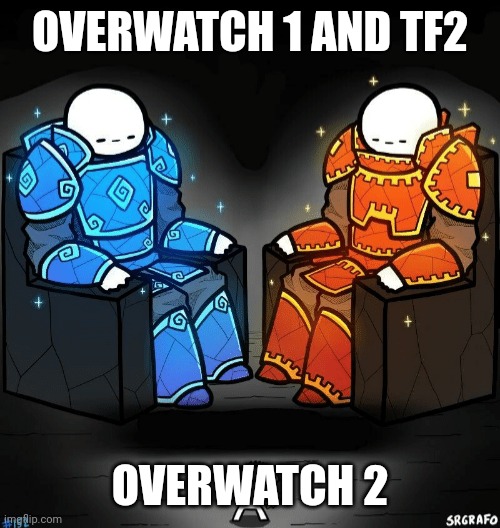 Two giants looking at a small guy | OVERWATCH 1 AND TF2 OVERWATCH 2 | image tagged in two giants looking at a small guy | made w/ Imgflip meme maker
