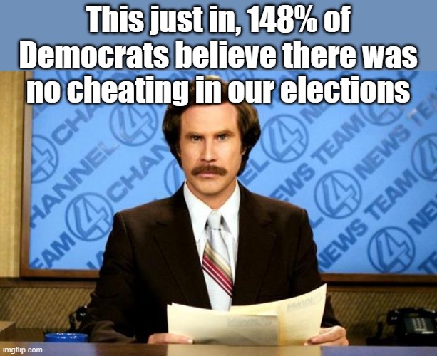 In our next story, a survey finds 324% of Americans voted for Joe Biden in 2020... | This just in, 148% of Democrats believe there was no cheating in our elections | image tagged in breaking news | made w/ Imgflip meme maker