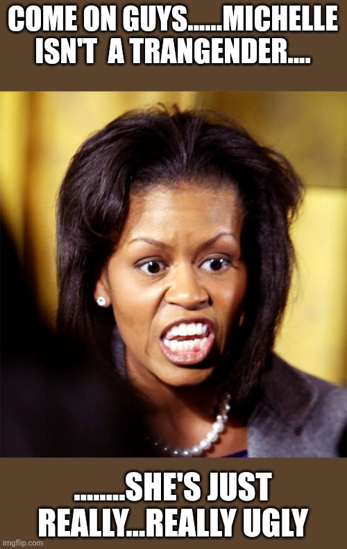 Quashed the rumours | COME ON GUYS......MICHELLE ISN'T  A TRANGENDER.... ........SHE'S JUST REALLY...REALLY UGLY | image tagged in michelle obama lookalike | made w/ Imgflip meme maker