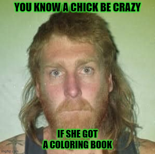 Crazy coloring books | YOU KNOW A CHICK BE CRAZY; IF SHE GOT A COLORING BOOK | image tagged in crazy,hillbilly,coloring book,color,funny | made w/ Imgflip meme maker