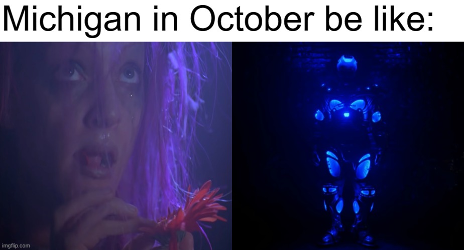 Michigan in October Be Like... | Michigan in October be like: | image tagged in fyp,batman,arnold schwarzenegger,weather,october,michigan | made w/ Imgflip meme maker