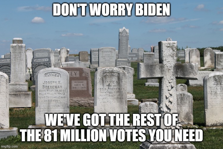 Cemetary | DON'T WORRY BIDEN WE'VE GOT THE REST OF THE 81 MILLION VOTES YOU NEED | image tagged in cemetary | made w/ Imgflip meme maker