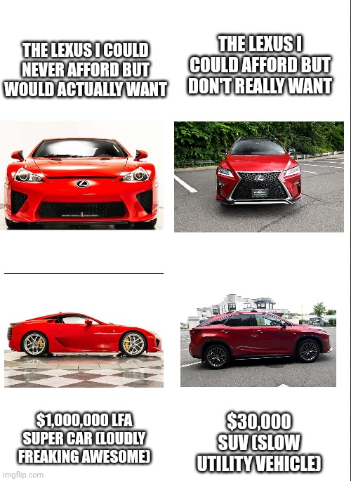 How a $1,000,000 vs $30,000 Lexus REALLY compares: | THE LEXUS I COULD AFFORD BUT DON'T REALLY WANT; THE LEXUS I COULD NEVER AFFORD BUT WOULD ACTUALLY WANT; $1,000,000 LFA SUPER CAR (LOUDLY FREAKING AWESOME); $30,000 SUV (SLOW UTILITY VEHICLE) | image tagged in lexus,vehicle | made w/ Imgflip meme maker