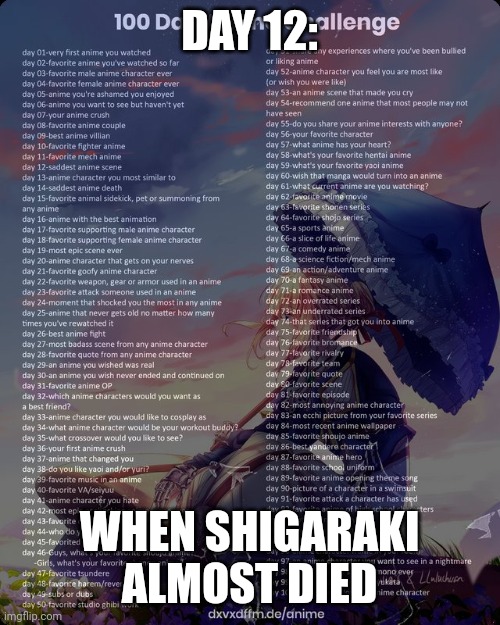 Day 12 | DAY 12:; WHEN SHIGARAKI ALMOST DIED | image tagged in 100 day anime challenge | made w/ Imgflip meme maker