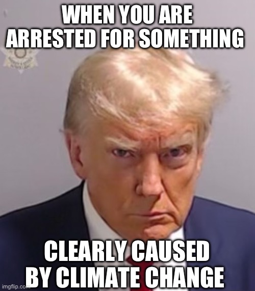 You must agree or you are a climate denier and a racist. | WHEN YOU ARE ARRESTED FOR SOMETHING; CLEARLY CAUSED BY CLIMATE CHANGE | image tagged in donald trump mugshot,politics,funny memes,global warming,government corruption,liberal hypocrisy | made w/ Imgflip meme maker