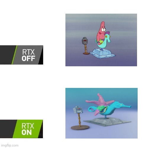 Patrick riding on a seahorse | image tagged in rtx,patrick star,seahorse,starfish,memes,rtx on and off | made w/ Imgflip meme maker