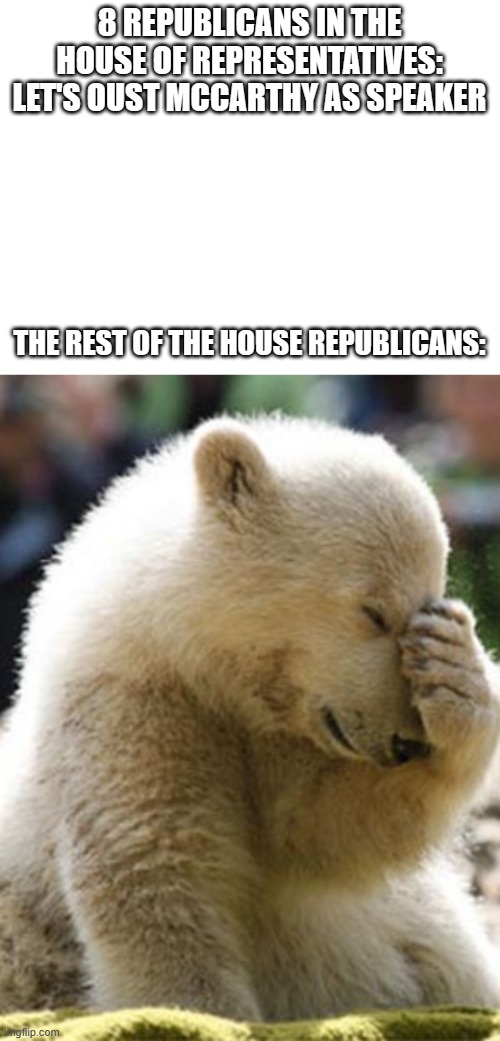 8 REPUBLICANS IN THE HOUSE OF REPRESENTATIVES: LET'S OUST MCCARTHY AS SPEAKER; THE REST OF THE HOUSE REPUBLICANS: | image tagged in blank white template,memes,facepalm bear | made w/ Imgflip meme maker