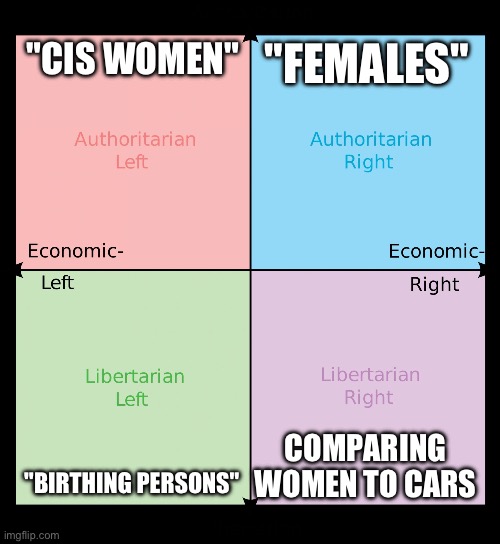 How men refer to women depending on their political views | "CIS WOMEN"; "FEMALES"; COMPARING WOMEN TO CARS; "BIRTHING PERSONS" | image tagged in political compass | made w/ Imgflip meme maker