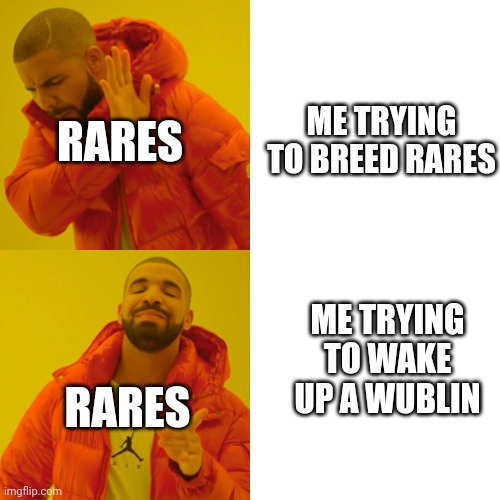 anyone else have this happen in msm? | ME TRYING TO BREED RARES; RARES; ME TRYING TO WAKE UP A WUBLIN; RARES | image tagged in memes,drake hotline bling | made w/ Imgflip meme maker