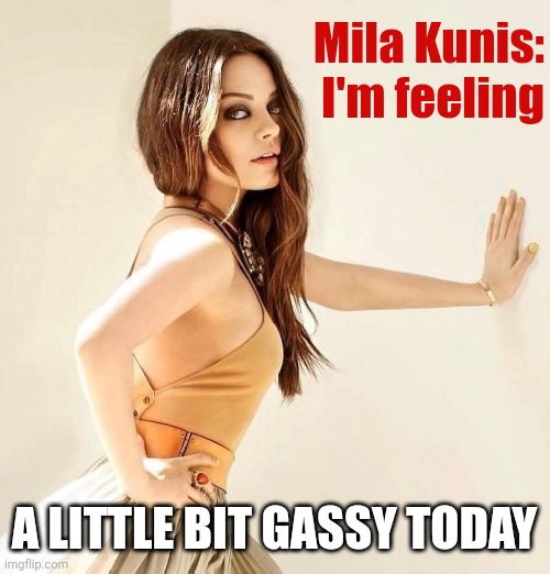 Mila Kunis | Mila Kunis: I'm feeling; A LITTLE BIT GASSY TODAY | image tagged in mila kunis | made w/ Imgflip meme maker