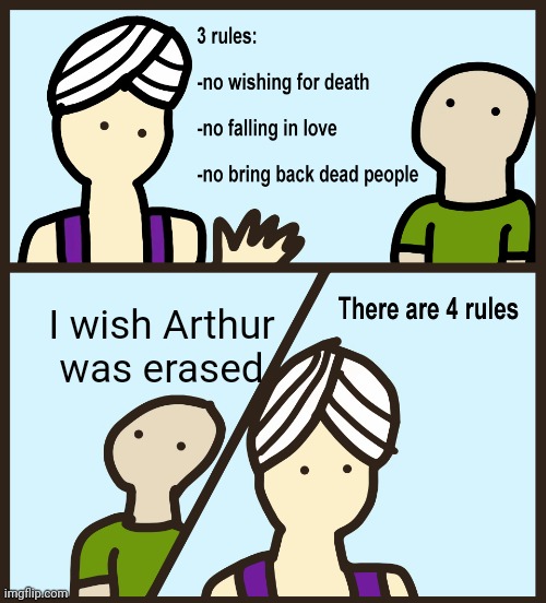 Arthur is a gold mine | I wish Arthur was erased | image tagged in genie rules meme | made w/ Imgflip meme maker