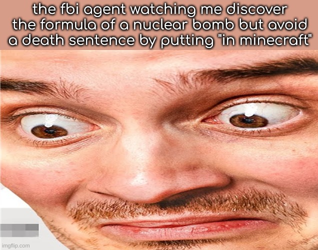 just avoided the death penalty | the fbi agent watching me discover the formula of a nuclear bomb but avoid a death sentence by putting "in minecraft" | image tagged in what the fuck am i seeing | made w/ Imgflip meme maker