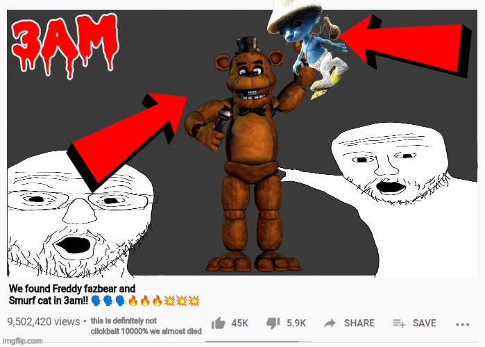 YT thumbnails be like: | We found Freddy fazbear and Smurf cat in 3am!! 🗣️🗣️🗣️🔥🔥🔥💥💥💥; this is definitely not clickbait 10000% we almost died | image tagged in youtube video template | made w/ Imgflip meme maker