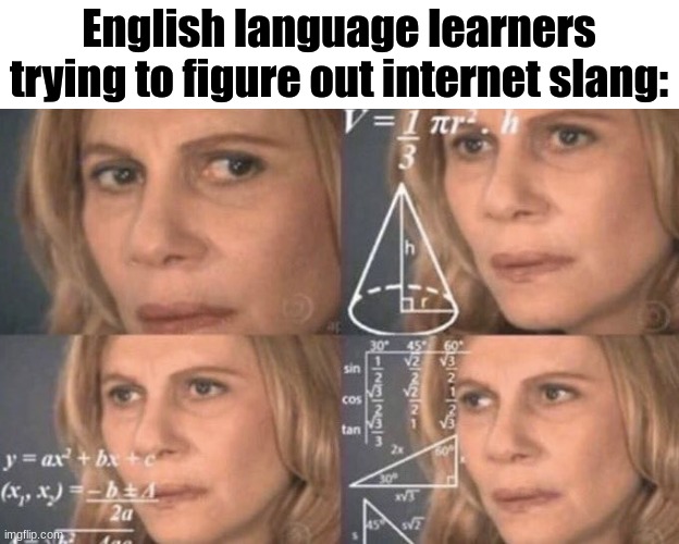 confused woman | English language learners trying to figure out internet slang: | image tagged in confused woman | made w/ Imgflip meme maker
