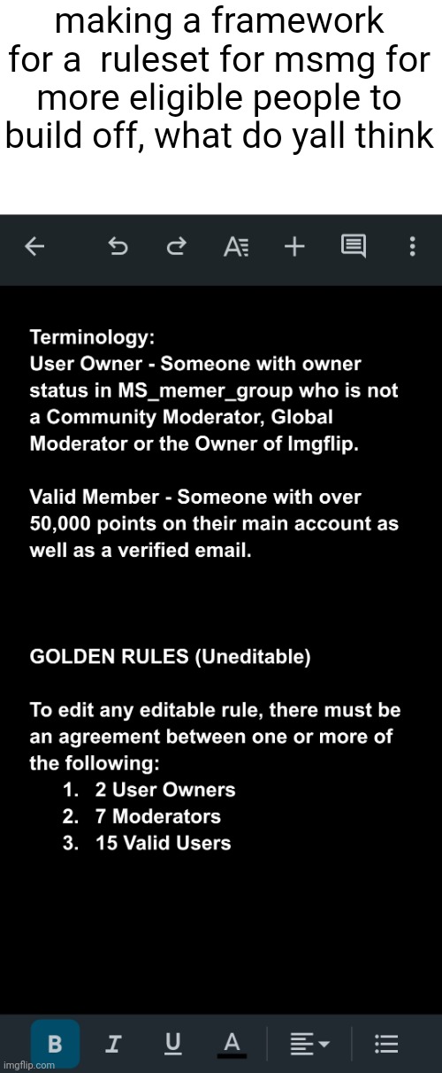 making a framework for a  ruleset for msmg for more eligible people to build off, what do yall think | made w/ Imgflip meme maker