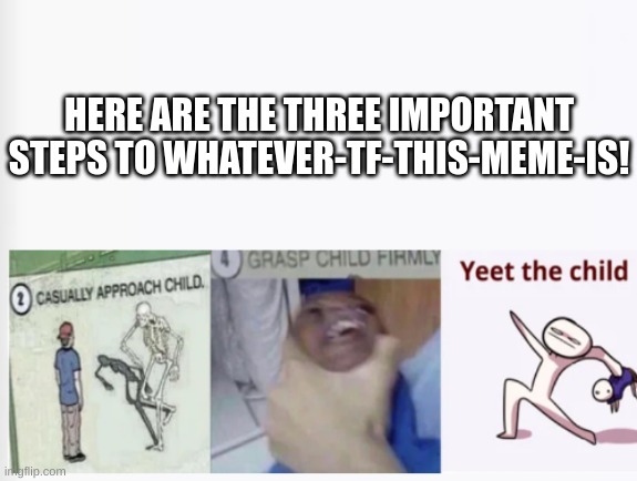 Casually Approach Child, Grasp Child Firmly, Yeet the Child | HERE ARE THE THREE IMPORTANT STEPS TO WHATEVER-TF-THIS-MEME-IS! | image tagged in casually approach child grasp child firmly yeet the child | made w/ Imgflip meme maker