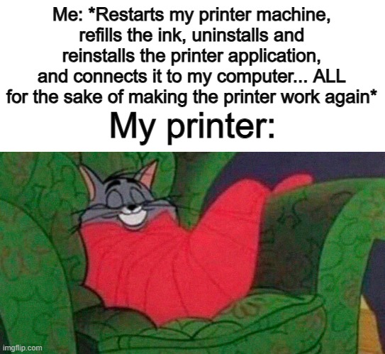 Legend says, the printer is still broken... | Me: *Restarts my printer machine, refills the ink, uninstalls and reinstalls the printer application, and connects it to my computer... ALL for the sake of making the printer work again*; My printer: | image tagged in tom the cat sleeping | made w/ Imgflip meme maker