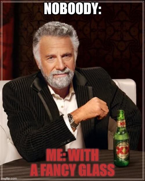 The Most Interesting Man In The World Meme | NOBOODY:; ME: WITH A FANCY GLASS | image tagged in memes | made w/ Imgflip meme maker