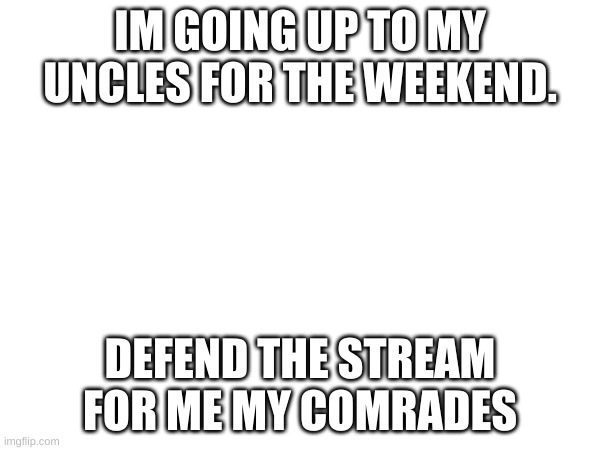 good luck. | IM GOING UP TO MY UNCLES FOR THE WEEKEND. DEFEND THE STREAM FOR ME MY COMRADES | image tagged in oh wow are you actually reading these tags | made w/ Imgflip meme maker