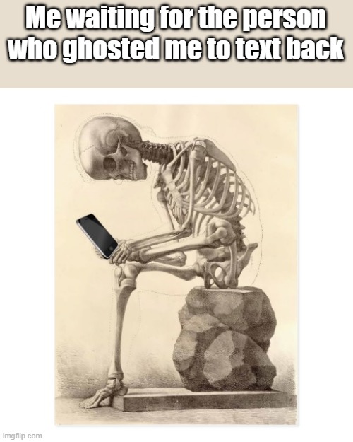 One of these days | Me waiting for the person who ghosted me to text back | image tagged in skeleton checking cell phone | made w/ Imgflip meme maker