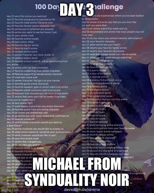 100 day anime challenge | DAY 3; MICHAEL FROM SYNDUALITY NOIR | image tagged in 100 day anime challenge | made w/ Imgflip meme maker