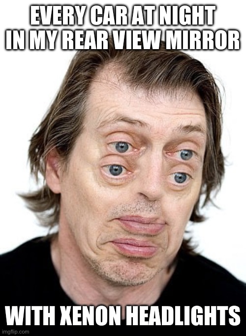 Xenon headlights wiggling at night | EVERY CAR AT NIGHT IN MY REAR VIEW MIRROR; WITH XENON HEADLIGHTS | image tagged in steve buscemi eyes | made w/ Imgflip meme maker