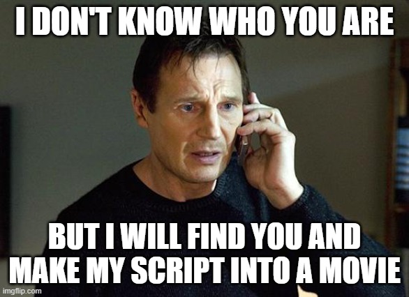 Script Supervising Meme | I DON'T KNOW WHO YOU ARE; BUT I WILL FIND YOU AND MAKE MY SCRIPT INTO A MOVIE | image tagged in memes,liam neeson taken 2 | made w/ Imgflip meme maker