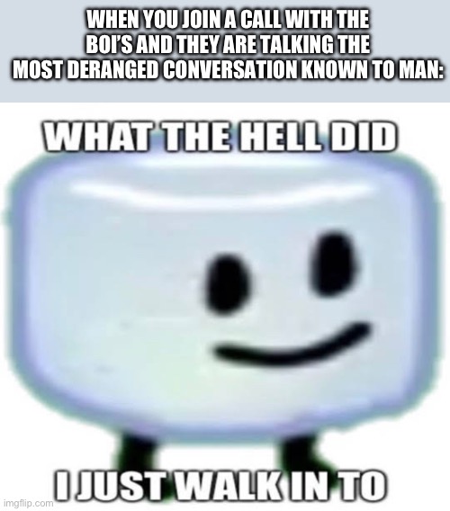 I wanted to use this img in my phone | WHEN YOU JOIN A CALL WITH THE BOI’S AND THEY ARE TALKING THE MOST DERANGED CONVERSATION KNOWN TO MAN: | image tagged in bfdi | made w/ Imgflip meme maker