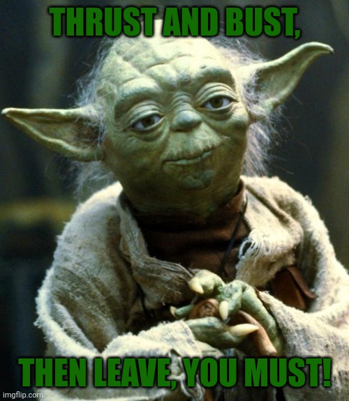 Star Wars Yoda Meme | THRUST AND BUST, THEN LEAVE, YOU MUST! | image tagged in memes,star wars yoda | made w/ Imgflip meme maker