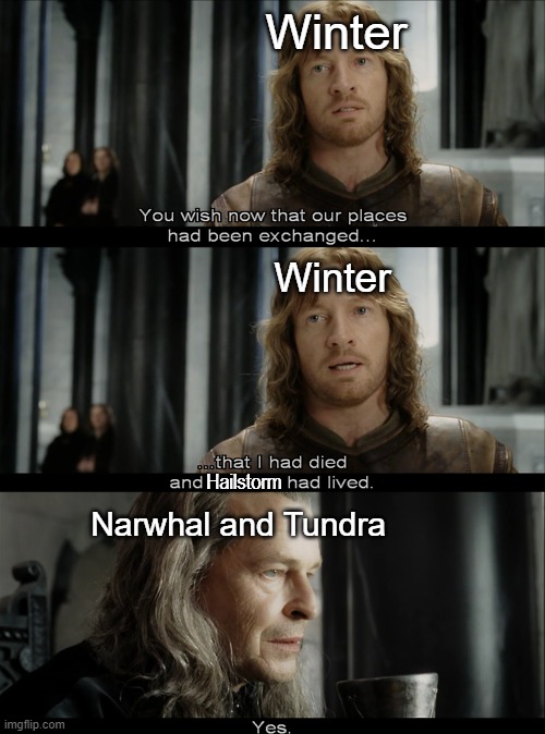 Winter and His Parents in Book 7 | Winter; Winter; Hailstorm; Narwhal and Tundra | image tagged in faramir and denethor,winter,wings of fire,wof,lord of the rings,lotr | made w/ Imgflip meme maker