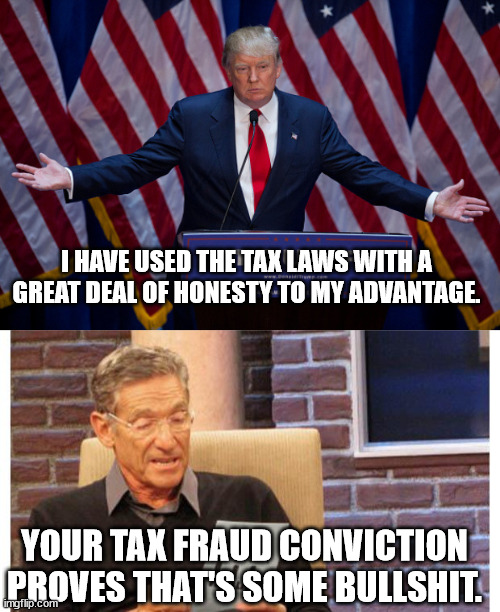 I HAVE USED THE TAX LAWS WITH A GREAT DEAL OF HONESTY TO MY ADVANTAGE. YOUR TAX FRAUD CONVICTION PROVES THAT'S SOME BULLSHIT. | image tagged in donald trump,maury povich | made w/ Imgflip meme maker