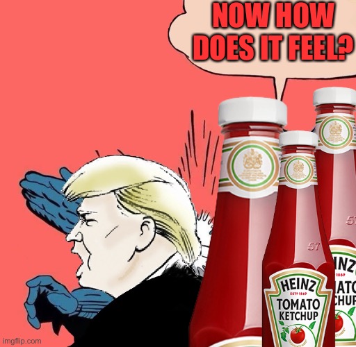 Ketchup Karma | NOW HOW DOES IT FEEL? | image tagged in batman slaps trump,memes | made w/ Imgflip meme maker