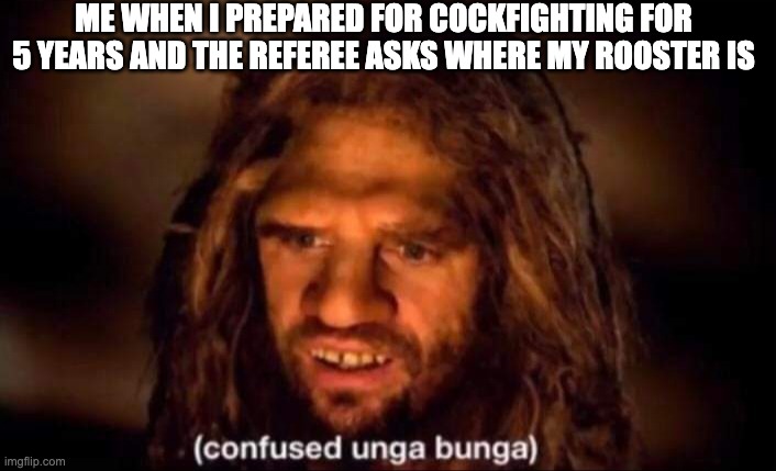 what? | ME WHEN I PREPARED FOR COCKFIGHTING FOR 5 YEARS AND THE REFEREE ASKS WHERE MY ROOSTER IS | image tagged in confused unga bunga | made w/ Imgflip meme maker