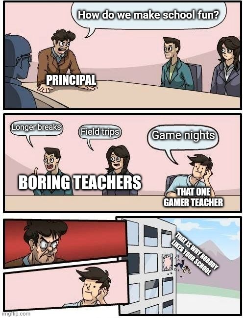 Schools be like | How do we make school fun? PRINCIPAL; Longer breaks; Game nights; Field trips; BORING TEACHERS; THAT ONE GAMER TEACHER; THAT IS WHY NOBODY LIKES YOUR SCHOOL | image tagged in memes,boardroom meeting suggestion,funny memes,school | made w/ Imgflip meme maker