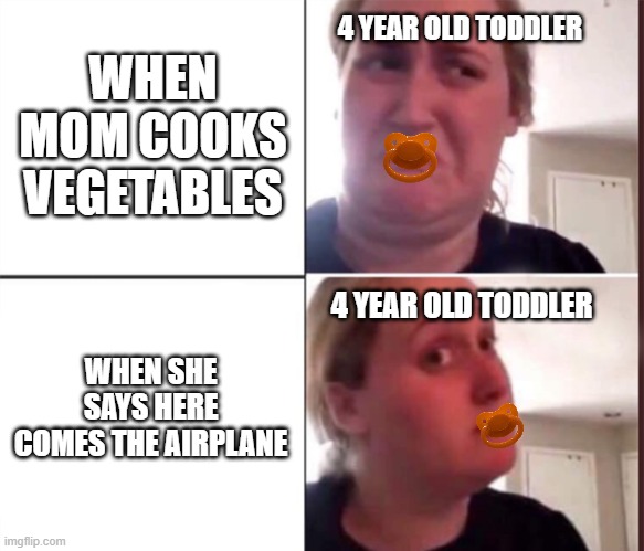 here comes the airplane | 4 YEAR OLD TODDLER; WHEN MOM COOKS VEGETABLES; 4 YEAR OLD TODDLER; WHEN SHE SAYS HERE COMES THE AIRPLANE | image tagged in kombucha girl | made w/ Imgflip meme maker
