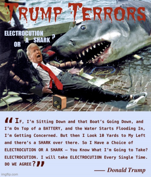 Trump Terrors Electrocution or a Shark Quote Meme | image tagged in trump terrors electrocution or a shark quote meme | made w/ Imgflip meme maker