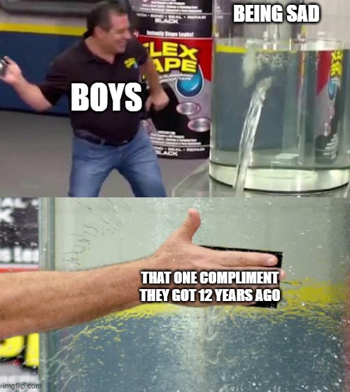 Flex Tape | BEING SAD; BOYS; THAT ONE COMPLIMENT THEY GOT 12 YEARS AGO | image tagged in flex tape | made w/ Imgflip meme maker