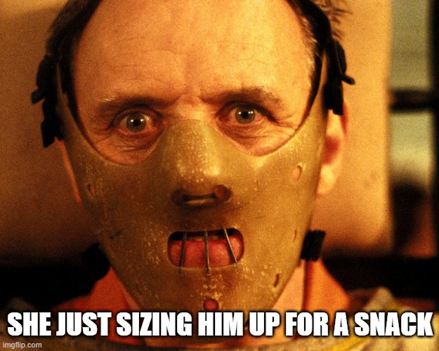 cannibal indentification | SHE JUST SIZING HIM UP FOR A SNACK | image tagged in cannibal indentification | made w/ Imgflip meme maker