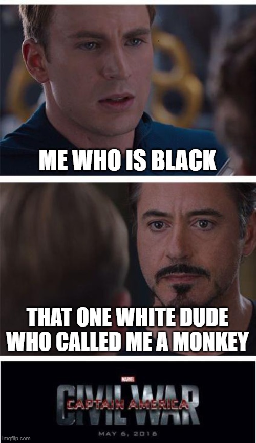 ? | ME WHO IS BLACK; THAT ONE WHITE DUDE WHO CALLED ME A MONKEY | image tagged in memes,marvel civil war 1 | made w/ Imgflip meme maker