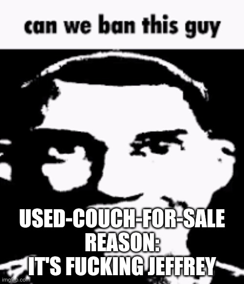 Can we ban this guy | USED-COUCH-FOR-SALE
REASON:
IT'S FUCKING JEFFREY | image tagged in can we ban this guy | made w/ Imgflip meme maker
