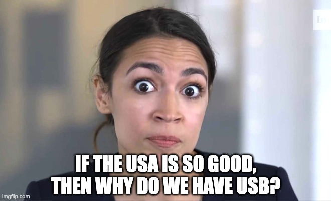 IF THE USA IS SO GOOD, THEN WHY DO WE HAVE USB? | image tagged in usa usb,aoc | made w/ Imgflip meme maker