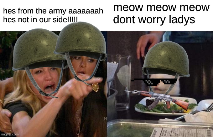 woman scared bc of army cat | meow meow meow dont worry ladys; hes from the army aaaaaaah hes not in our side!!!!! | image tagged in memes,woman yelling at cat,army cat | made w/ Imgflip meme maker